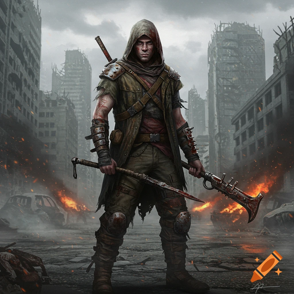 A gritty, hooded scavenger with bloodied weapons stands in a ruined, burning post-apocalyptic city.