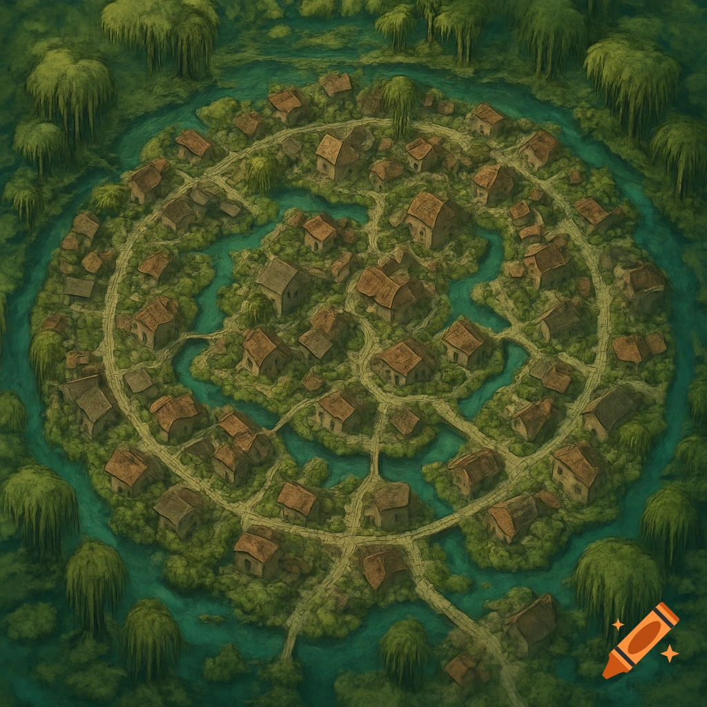 An aerial map illustration of a circular fantasy town with buildings and paths surrounded by swampy green water and trees.