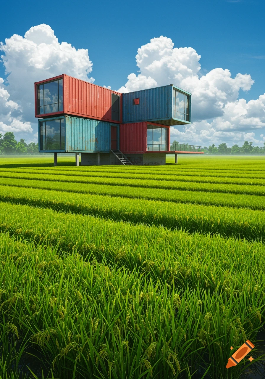 A modern house built from red and blue shipping containers stands in a vast green rice field under a cloudy blue sky.