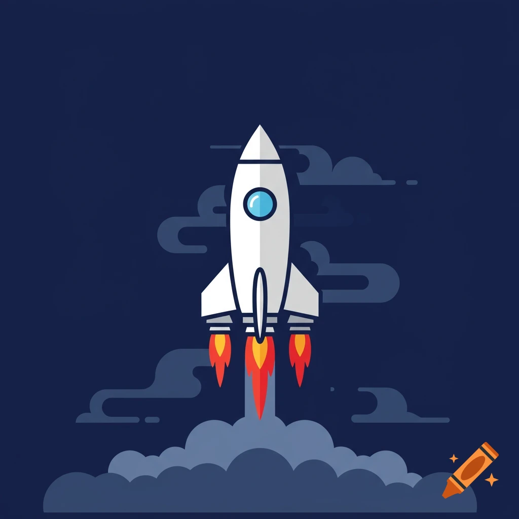 A white rocket launches into a dark blue sky, leaving fiery exhaust and smoke, in a simple graphic icon style.