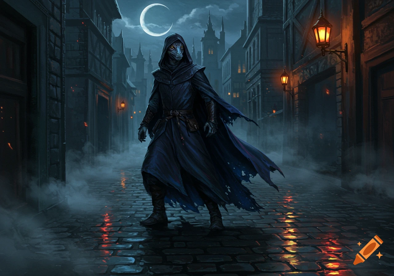 A hooded reptilian-like figure in a dark cloak stands on a wet cobblestone street at night, with old buildings and lanterns under a crescent moon.