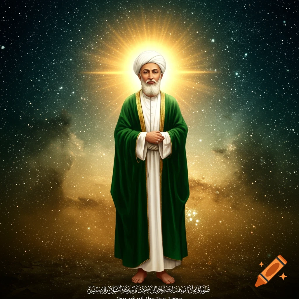 A bearded man in a white turban and green robe with a golden trim stands illuminated by a radiant glow in a starry, cloudy sky.