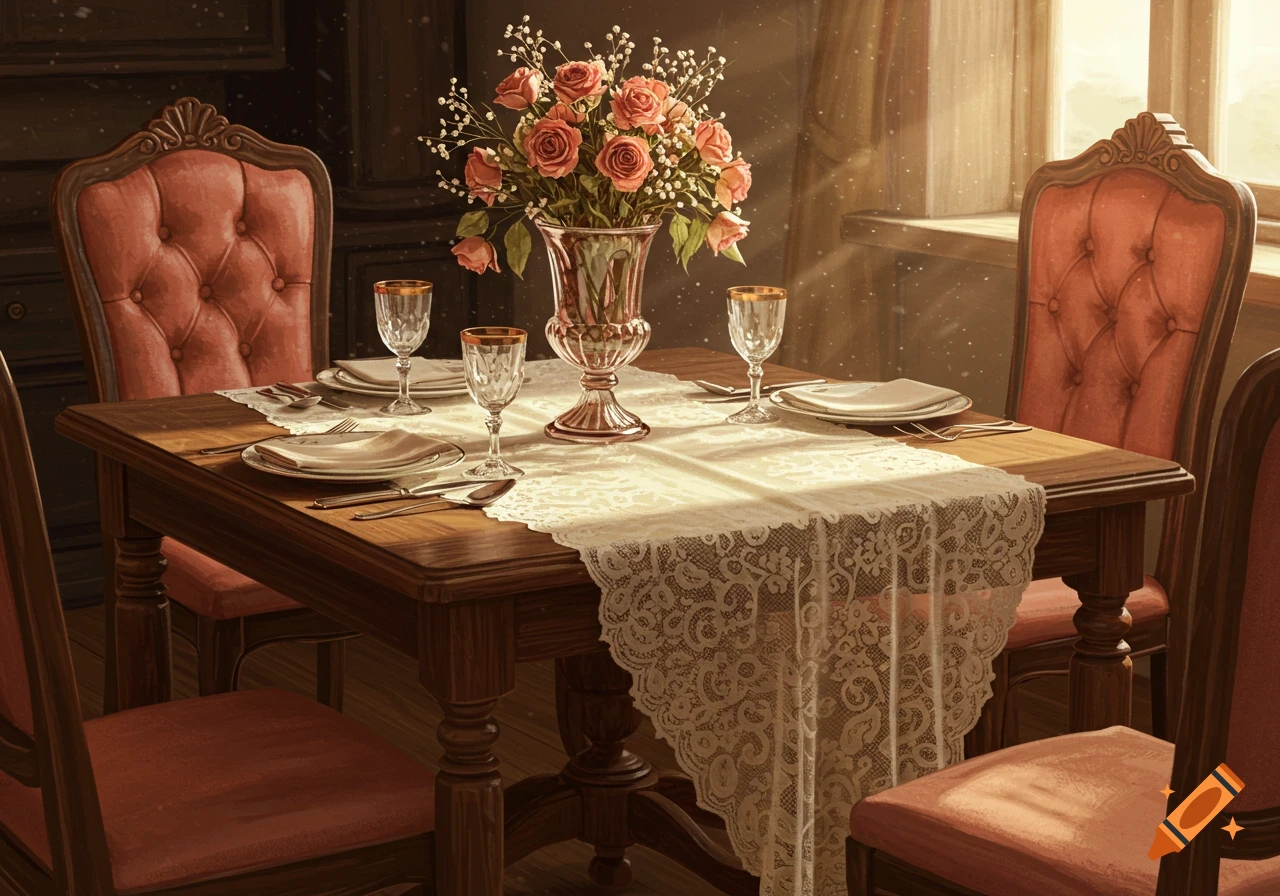 An elegant dining table set with place settings, a vase of peach roses, and a lace tablecloth, bathed in sunlight.