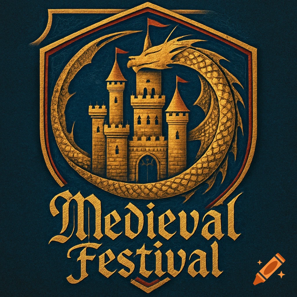 A gold and blue medieval festival logo featuring a castle and a dragon, with the text 'Medieval Festival'.