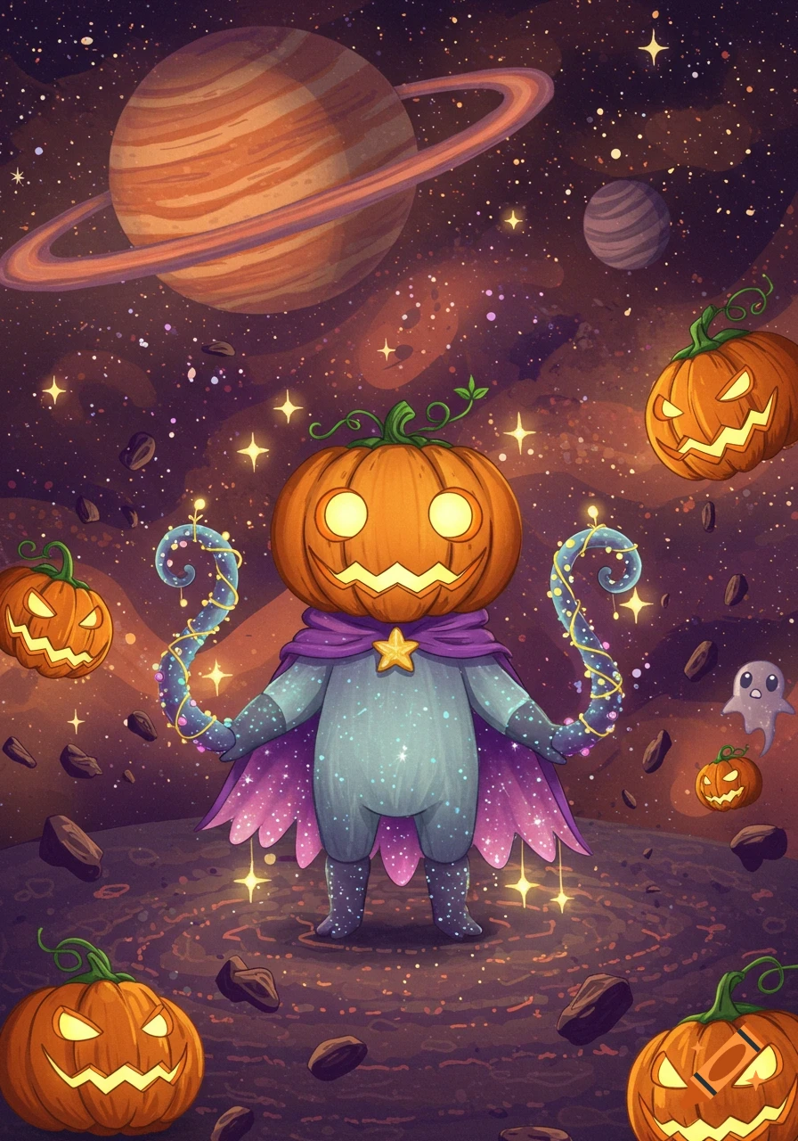 A cute pumpkin character with a cape and glowing staffs stands on a cosmic ground with planets, stars, and jack-o'-lanterns.