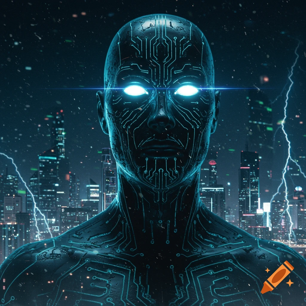 A dark humanoid robot with glowing blue circuit patterns and bright eyes, standing before a futuristic city skyline under a lightning storm.