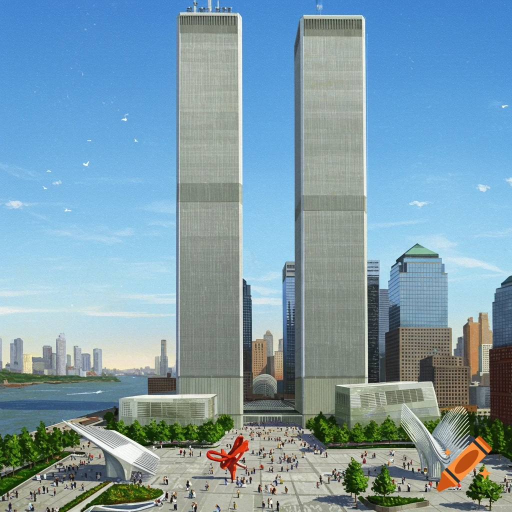 Photorealistic image of the World Trade Center Twin Towers plaza with people and white structures under a clear blue sky.