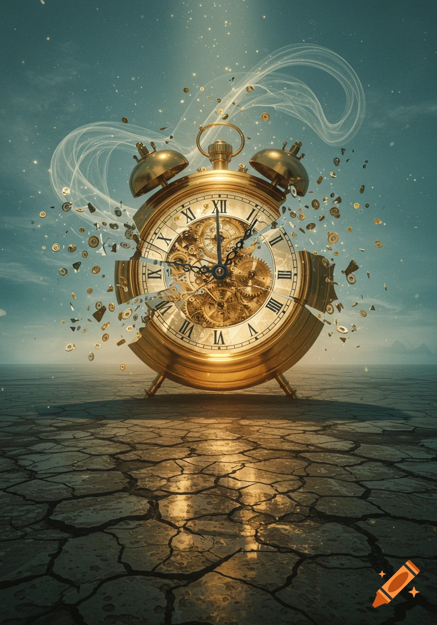 A golden alarm clock shatters into gears and pieces, on cracked earth under a glowing blue sky.