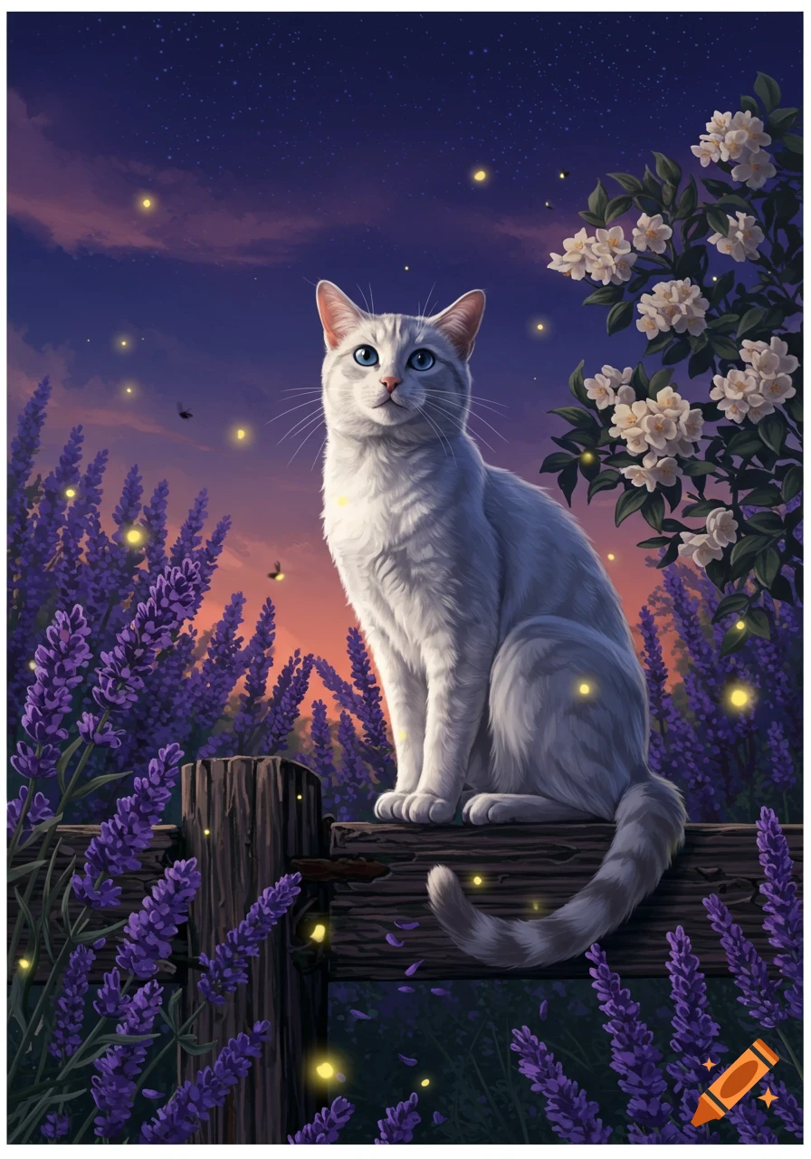 A white cat with blue eyes sits on a wooden fence post amidst a field of purple lavender under a starry twilight sky with fireflies.