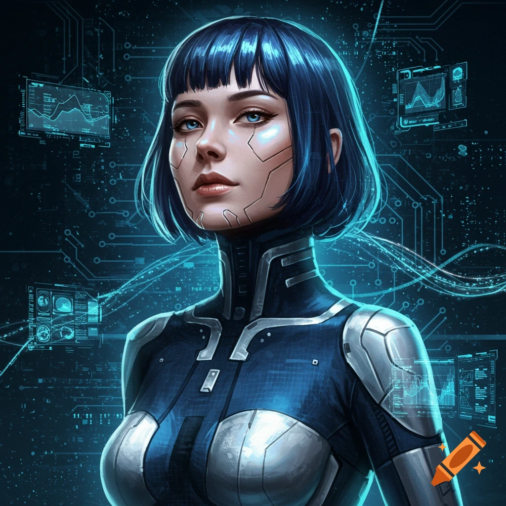 A futuristic woman with blue hair and cybernetic implants, wearing a blue and silver suit, against a glowing circuit board background.