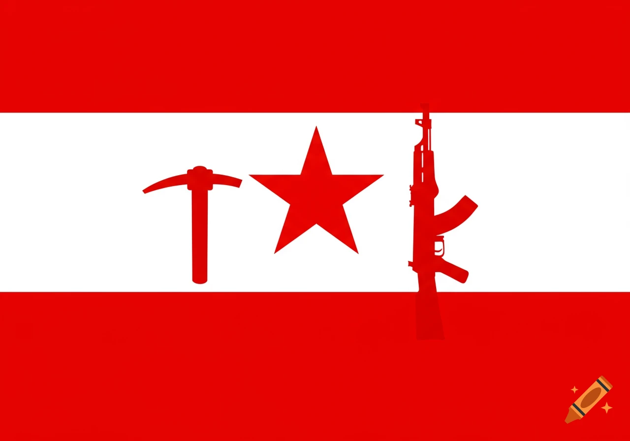 A red and white horizontal striped flag with red silhouettes of a pickaxe, a five-pointed star, and an AK-47 rifle.