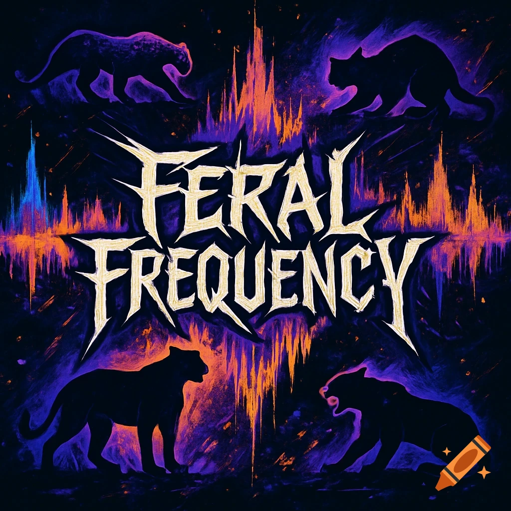 Stylized band logo for 'Feral Frequency' featuring purple and orange panthers and soundwave patterns on a dark background.