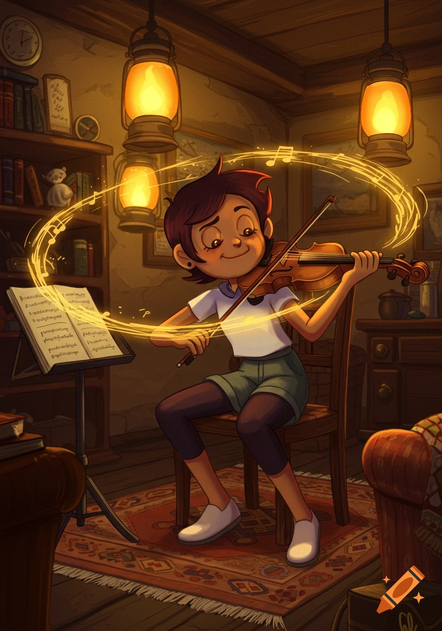 Animated Luz Noceda sits in a cozy room, illuminated by lanterns, happily playing her violin with glowing musical notes around her.