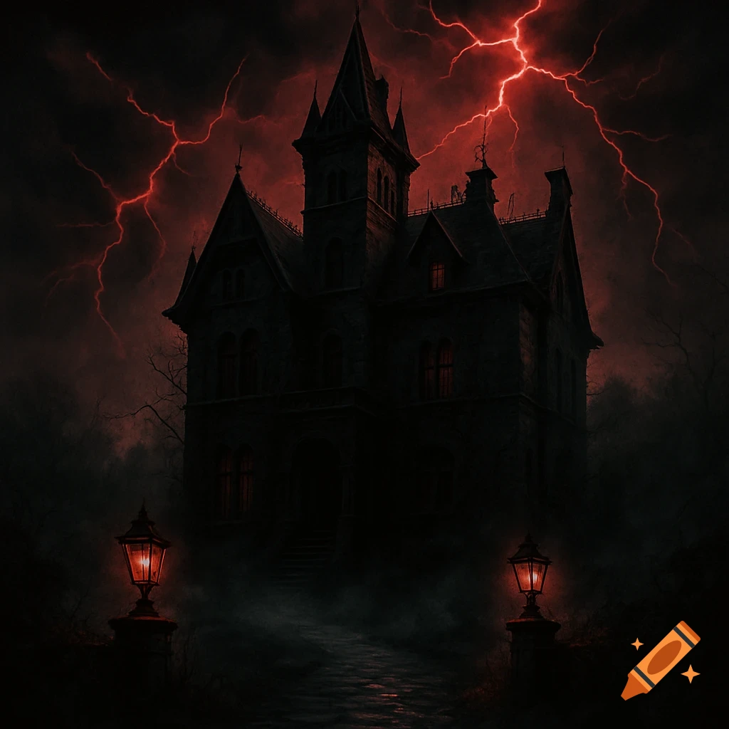 A dark, ominous gothic mansion under a stormy, red lightning-filled sky, with glowing lanterns illuminating a path.