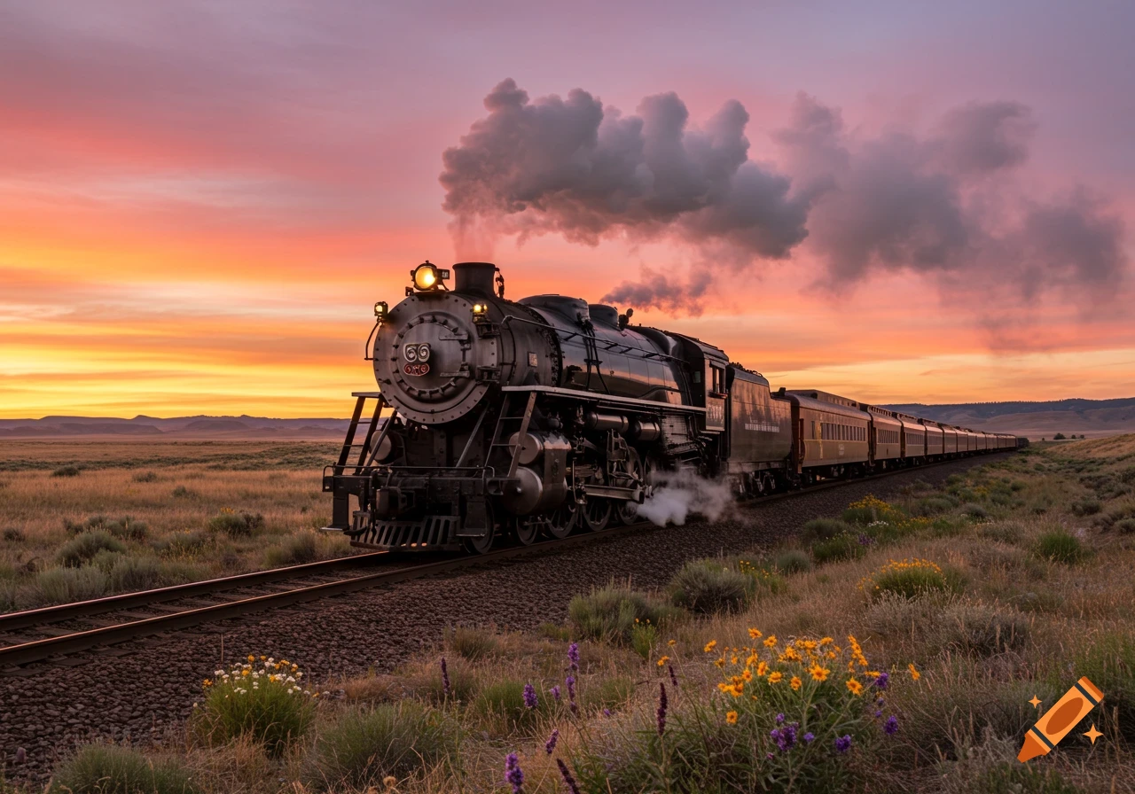 A vintage steam train travels through a vast, grassy landscape at sunset, emitting dark smoke against an orange and purple sky.