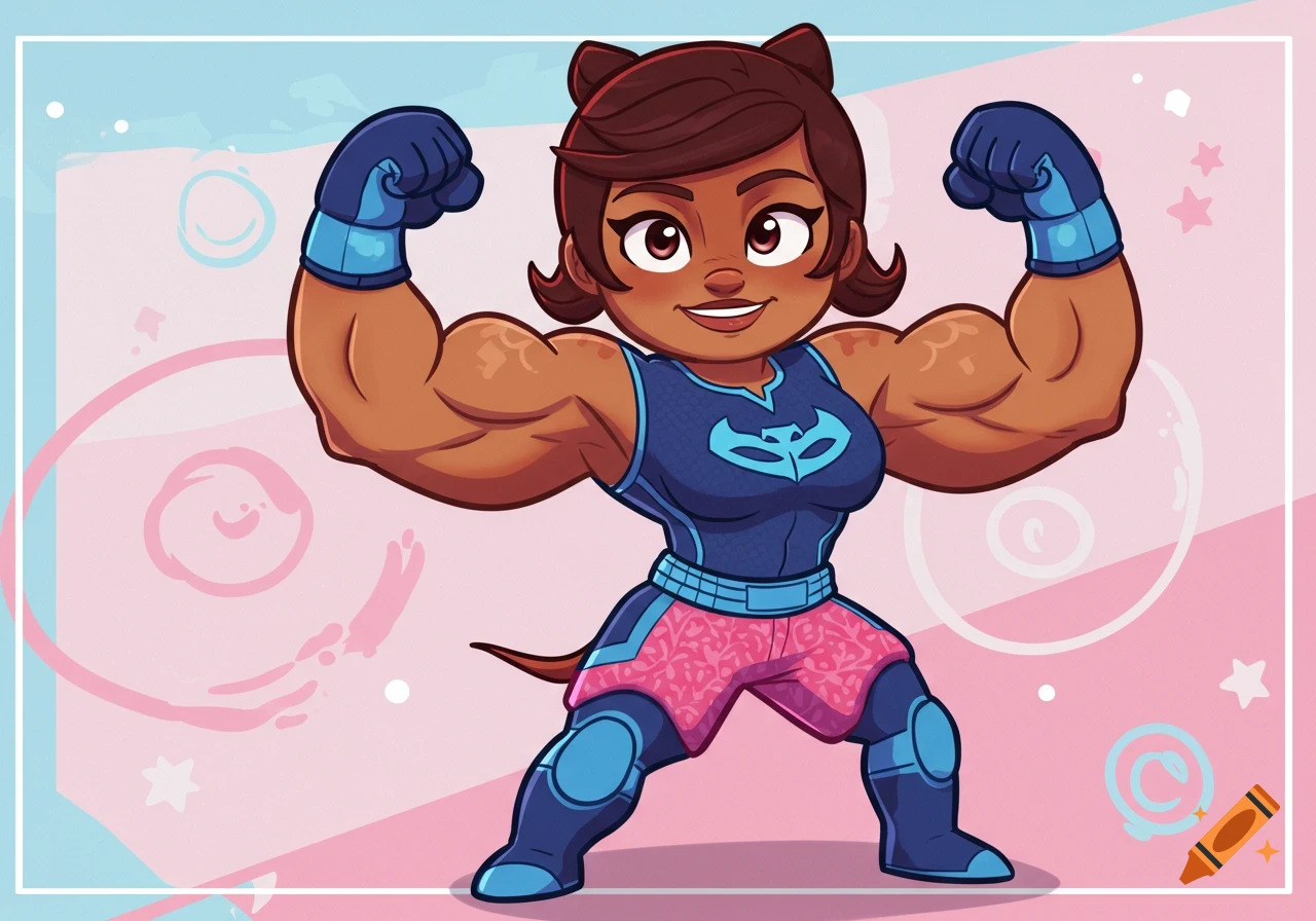Cartoon of a strong female character with brown hair and bear-like ears, wearing a blue and pink superhero outfit, flexing her biceps.