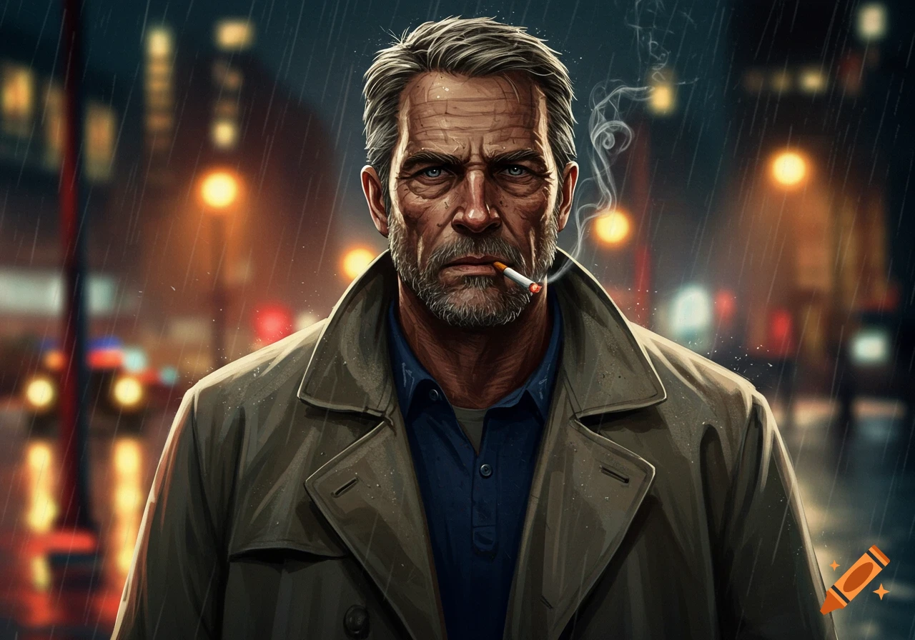 Grizzled man in a trench coat smokes a cigarette in the rainy city night, blurred lights behind him, detailed character art.