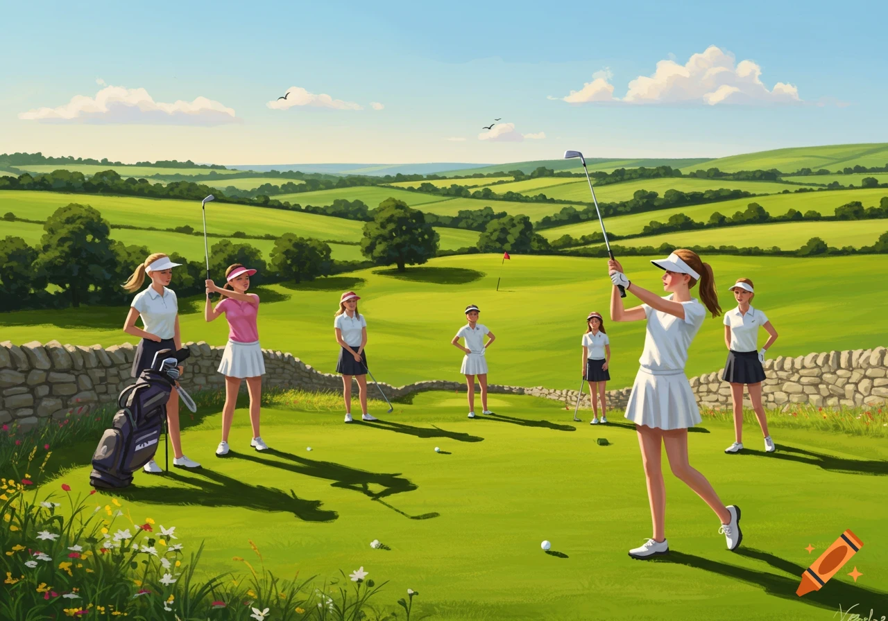 Illustrative image of several young women golfing on a bright green course with rolling hills and a blue sky.