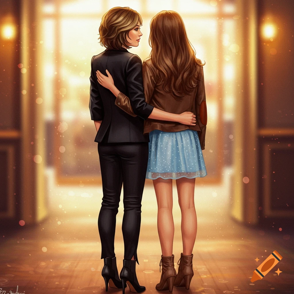 Stylized illustration of two women embracing, seen from behind in a warm, glowing interior, with one looking back.