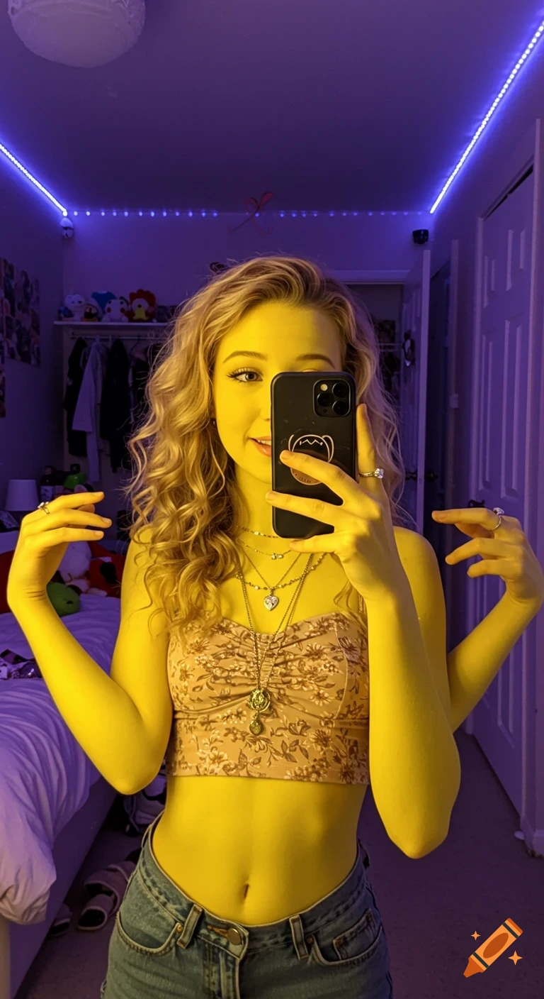 A young woman with lemon yellow skin, wavy blonde hair, and multiple arms takes a selfie in a purple-lit bedroom, wearing a floral crop top, jeans, and necklaces.