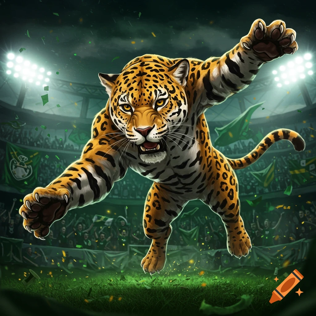 A muscular, stylized jaguar mascot leaps on a sports field in a brightly lit stadium with cheering fans.