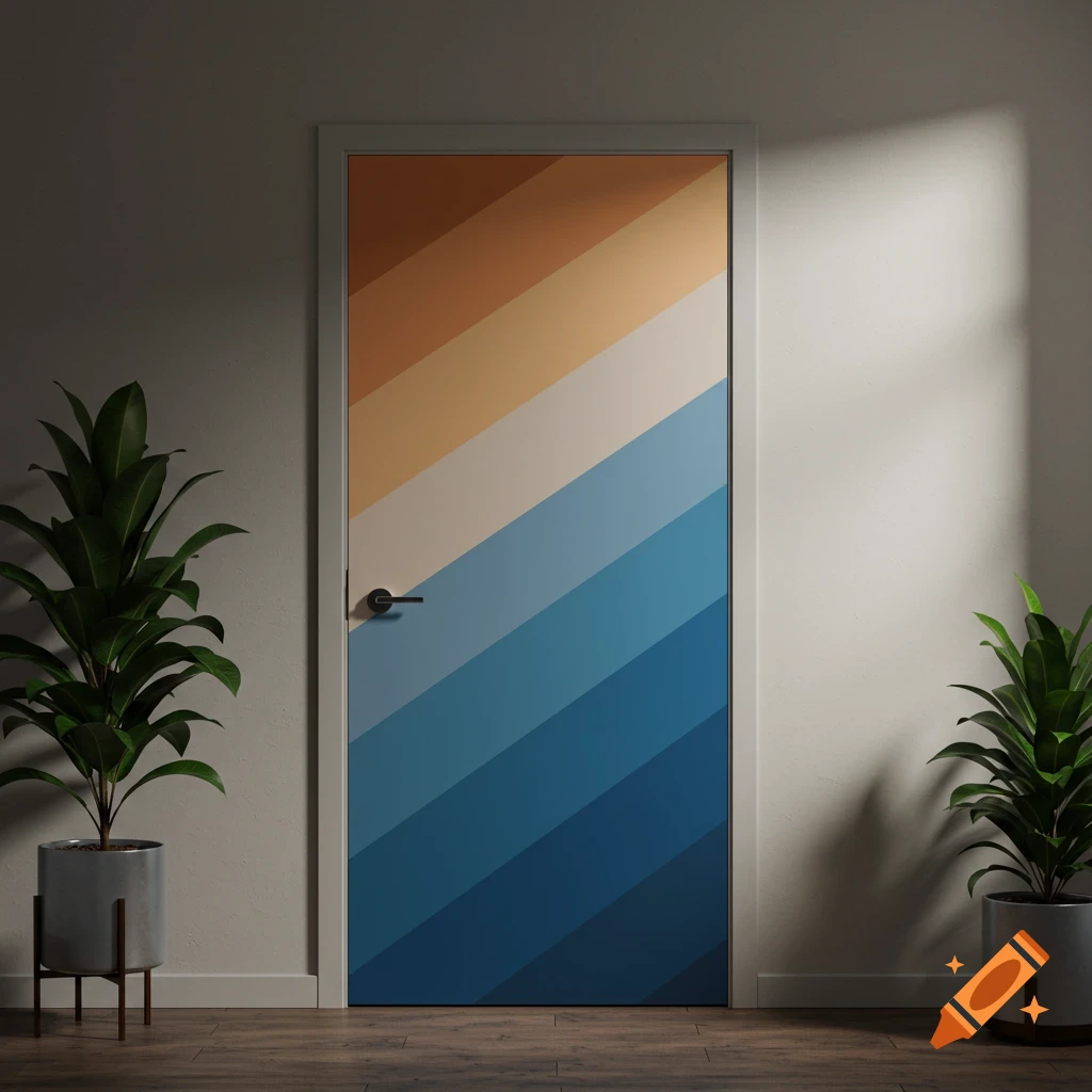 A modern door painted with diagonal stripes in shades of orange, cream, and blue, flanked by potted green plants in a dimly lit room.