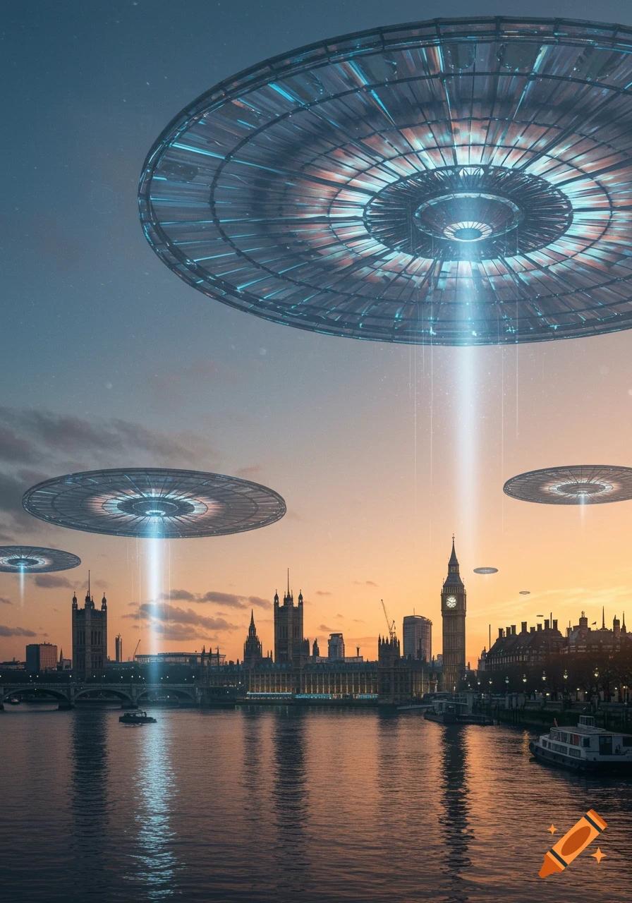 UFOs with light beams hovering over the River Thames and London skyline at sunset.