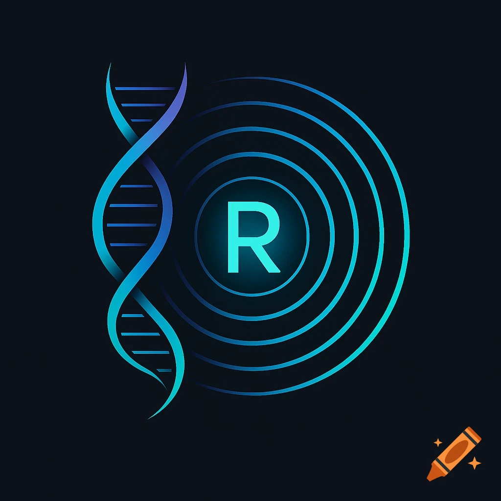 Abstract minimalist logo with a glowing blue-turquoise DNA helix transforming into concentric sound waves, with a glowing 'R' in the center.