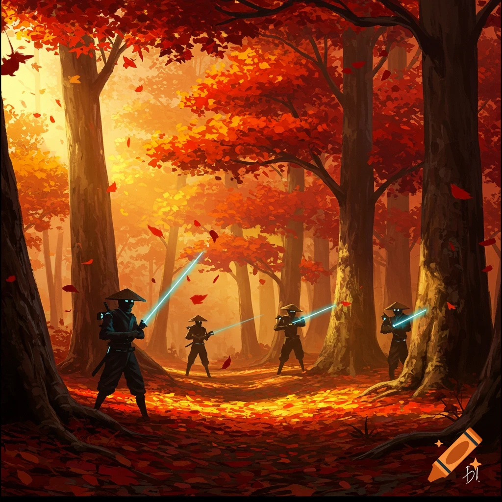 Four masked warriors with glowing blue energy swords stand in a vibrant autumn forest with red and yellow leaves, bathed in golden light.