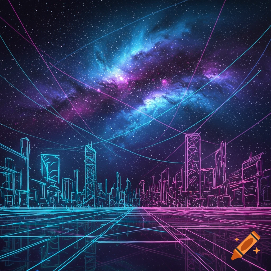 A futuristic neon city skyline under a vibrant starry galaxy with glowing blue and pink lines.