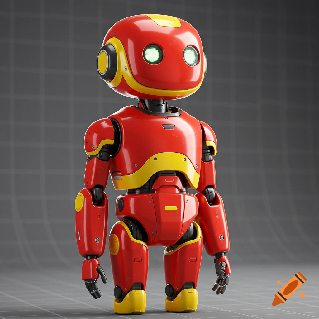 A cute, rounded red and yellow 3D rendered robot stands against a grey grid background.