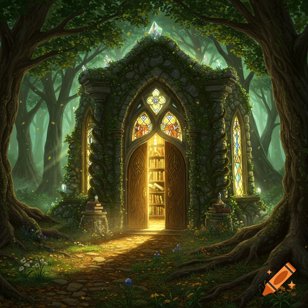 A magical, vine-covered stone library with glowing stained glass windows and an open door, nestled deep within a sun-dappled forest.