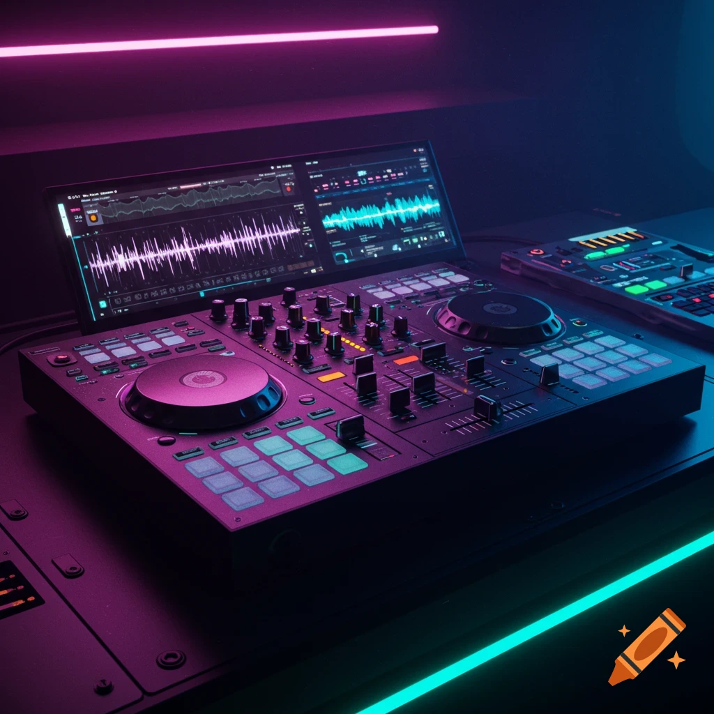 A close-up of a futuristic DJ controller setup bathed in neon pink and teal light, with waveforms displayed on a screen.