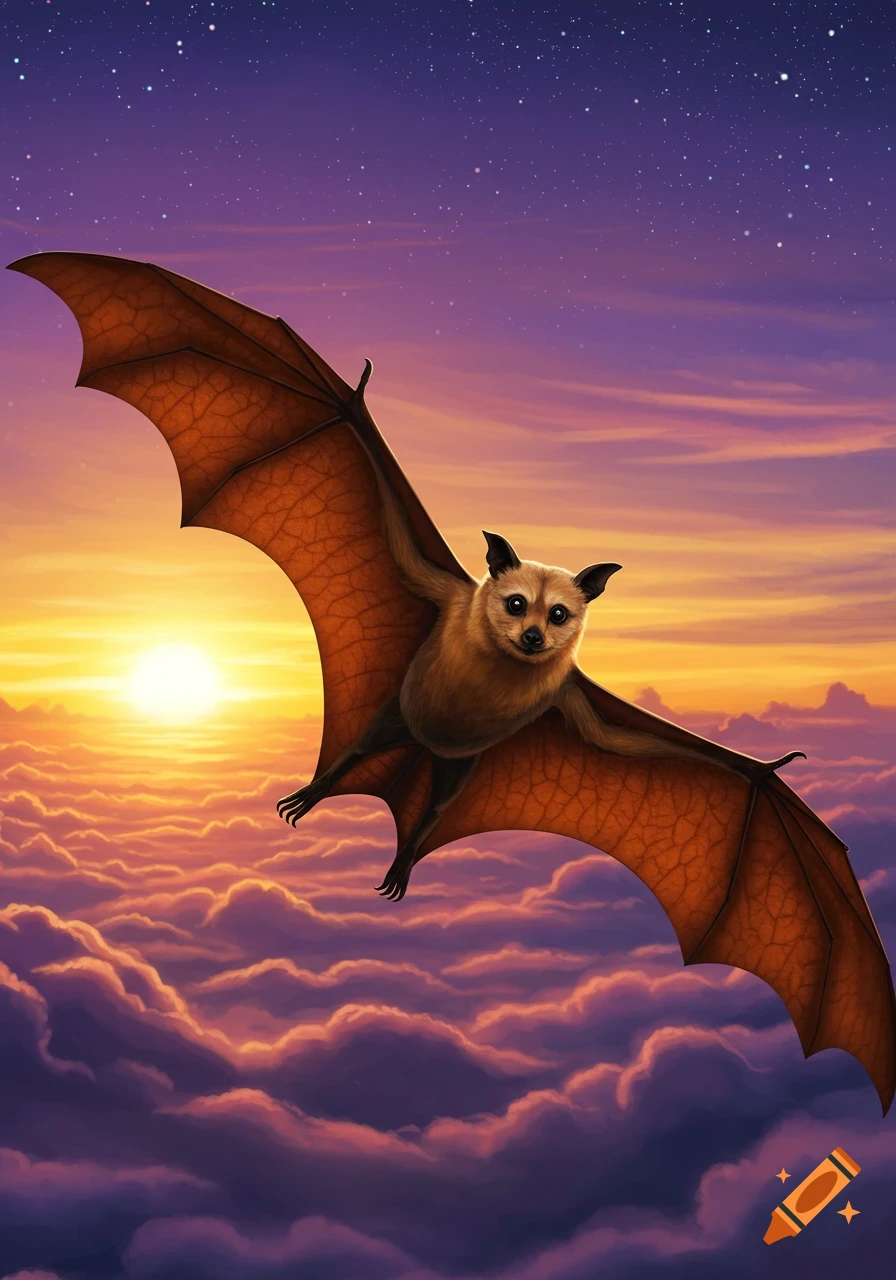 A cute flying fox bat with large wings soars above colorful clouds during a vibrant sunset.