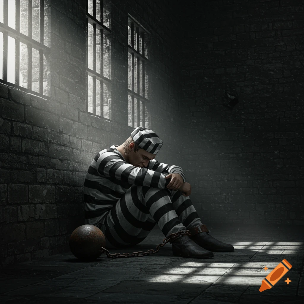 A sad man in a striped prisoner uniform sits on a dark jail cell floor, chained to a ball, with light from barred windows.