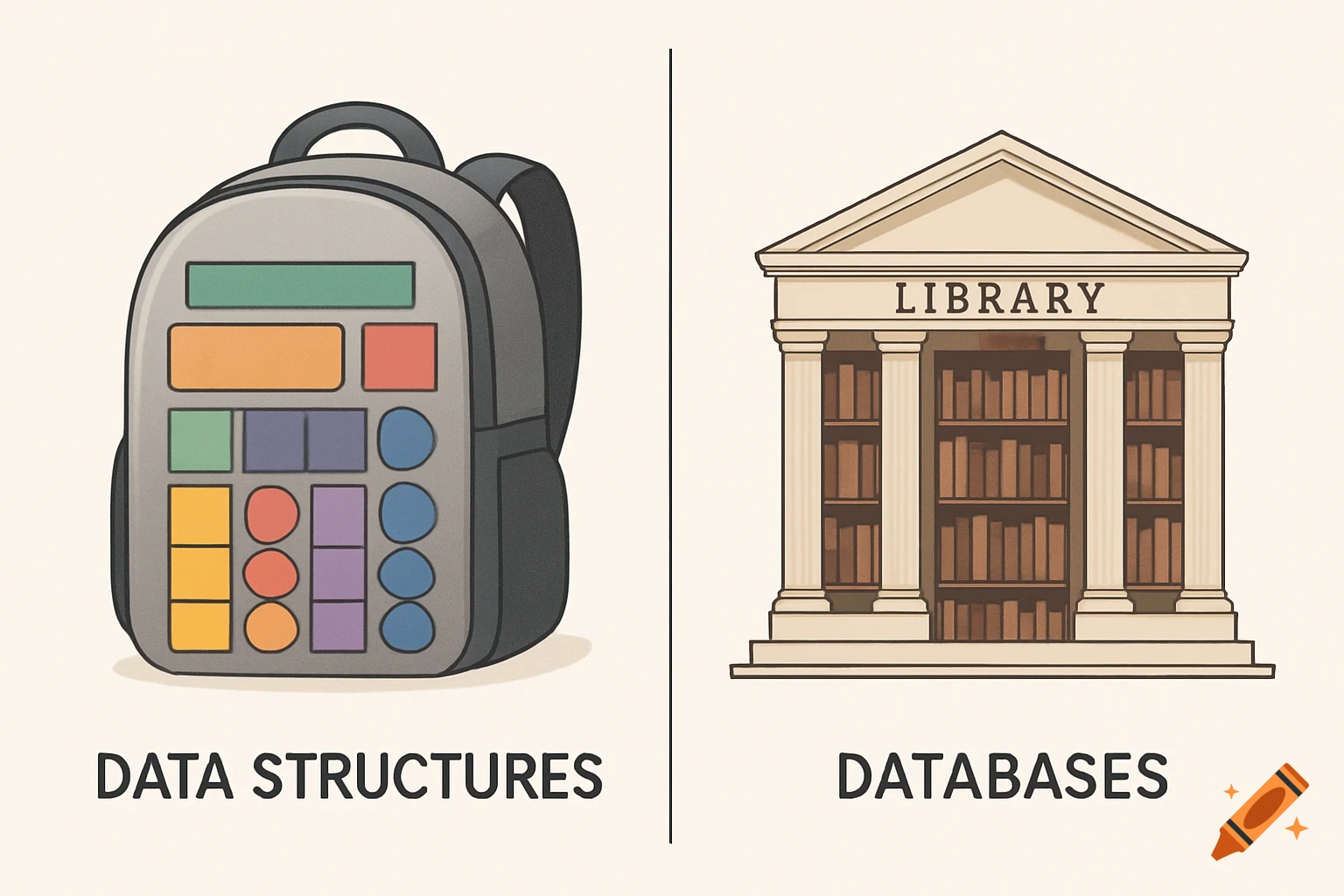 An educational illustration comparing Data Structures (a backpack with colorful blocks) and Databases (a library building).