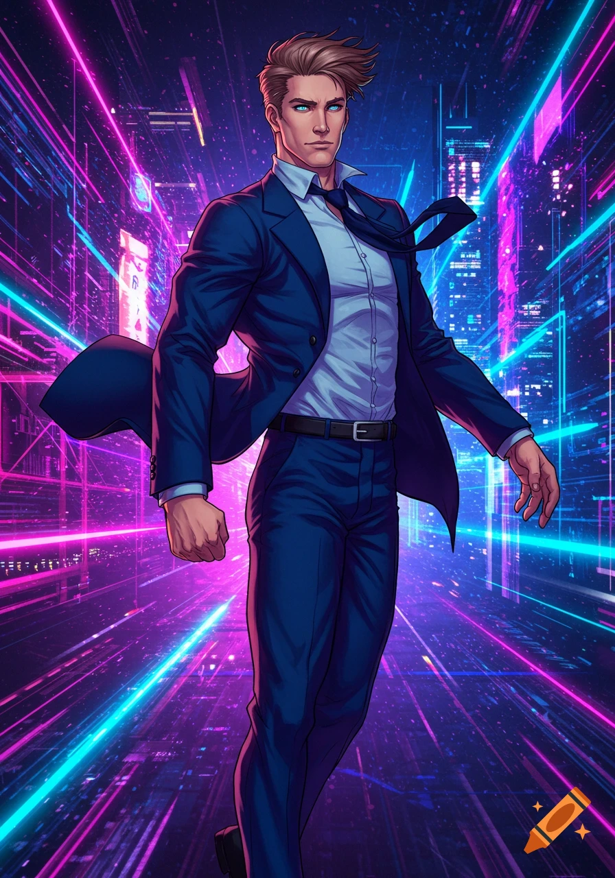 A stylized man in a blue suit with an untied tie and white shirt stands against a vibrant neon pink and blue cyberpunk cityscape background.