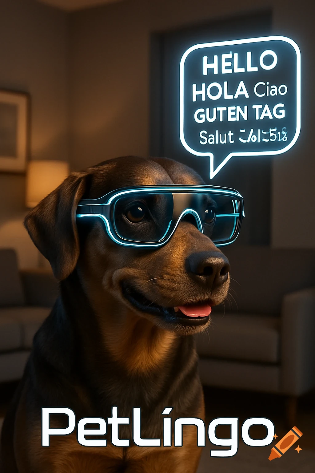 A photorealistic image of a brown dog wearing futuristic glowing glasses with a speech bubble showing multilingual 'Hello' and 'PetLingo' text.