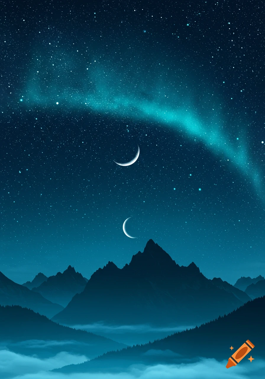 Night sky with aurora borealis, two crescent moons, and silhouetted mountains above misty valleys.