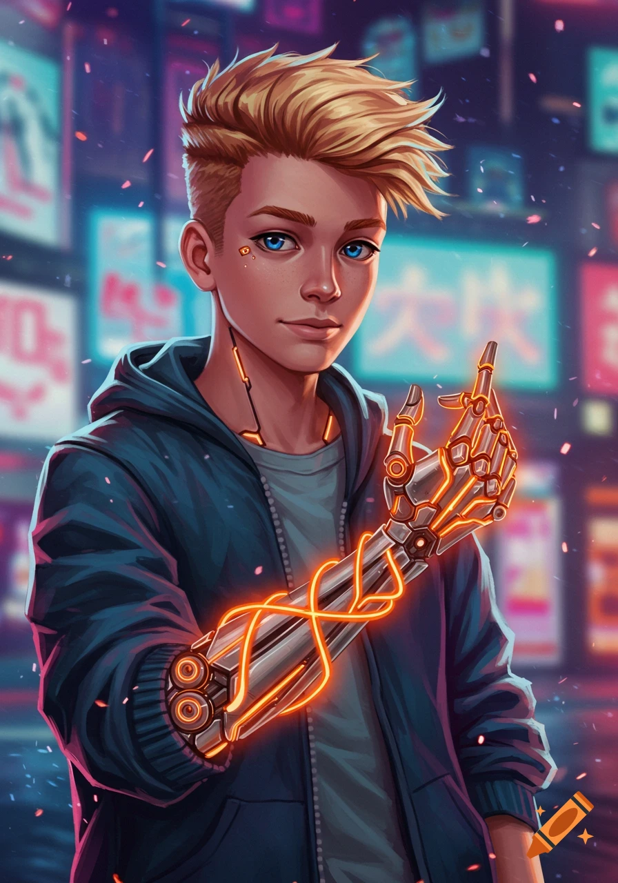 A blonde boy with blue eyes and a glowing orange cybernetic arm against a blurred cyberpunk city background, digital art.