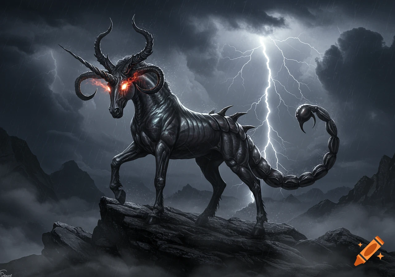 A fearsome black unicorn with glowing red eyes, multiple horns, and a scorpion tail stands on a rocky peak in a stormy, lightning-filled landscape.