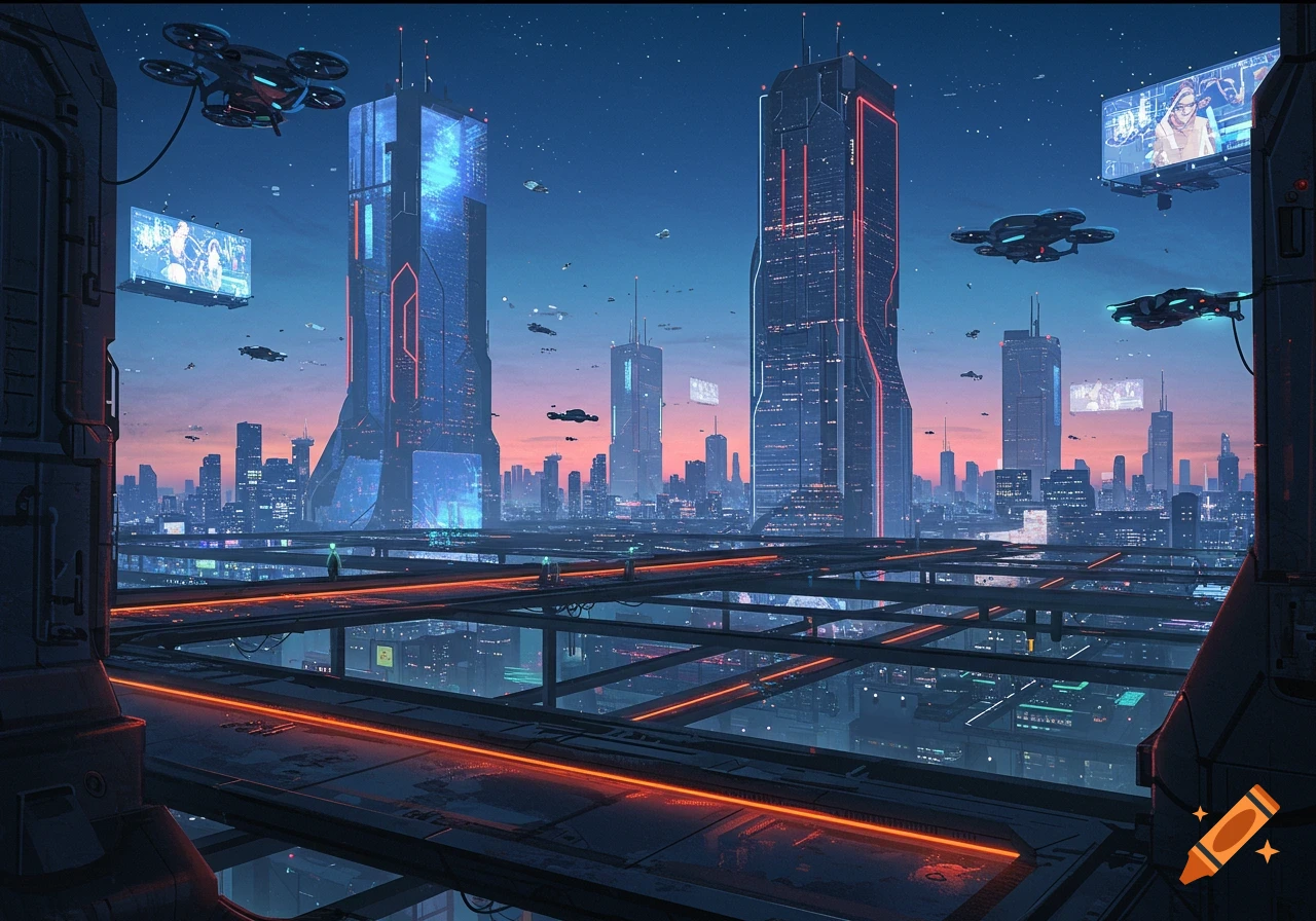 A vibrant, futuristic cityscape at dusk with towering buildings, glowing neon accents, flying drones, and digital billboards.