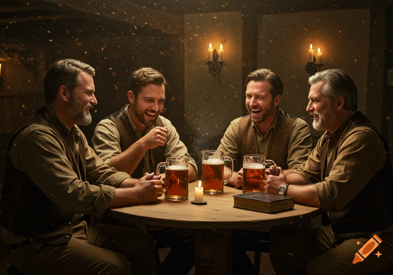 Four jovial men laughing and drinking beer around a table in a dimly lit rustic tavern, with a book and candle.
