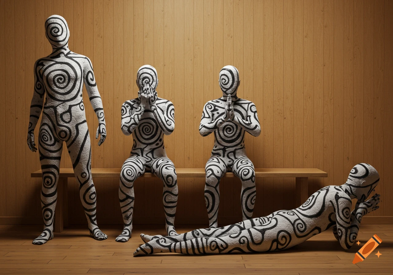 Four stylized figures in white suits with black spiral patterns stand, sit, and recline on a wooden floor in a minimalistic setting.
