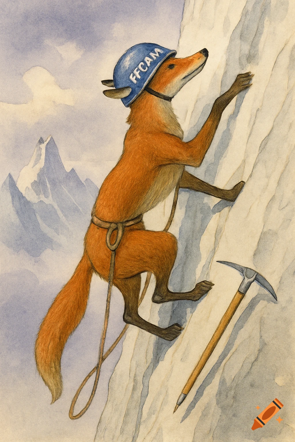 A watercolor illustration of an anthropomorphic fox wearing a helmet and harness, climbing a snowy mountain with an ice axe.