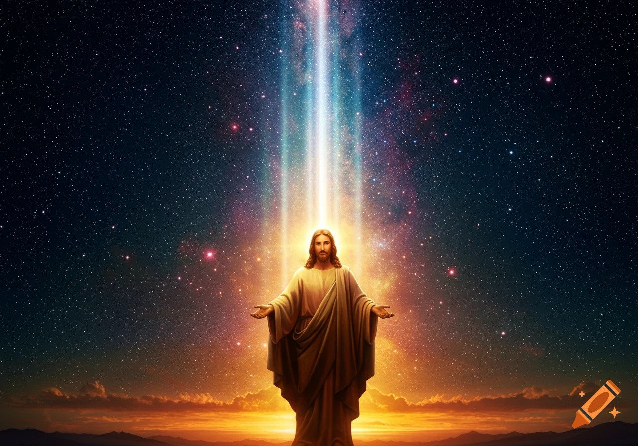 Jesus standing with outstretched arms, bathed in a celestial light beam from a starry night sky with a colorful horizon.