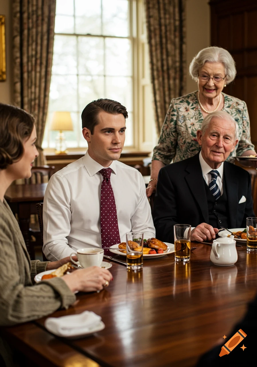 A multi-generational group of four people around a dining table in an elegant room, with food and drinks.