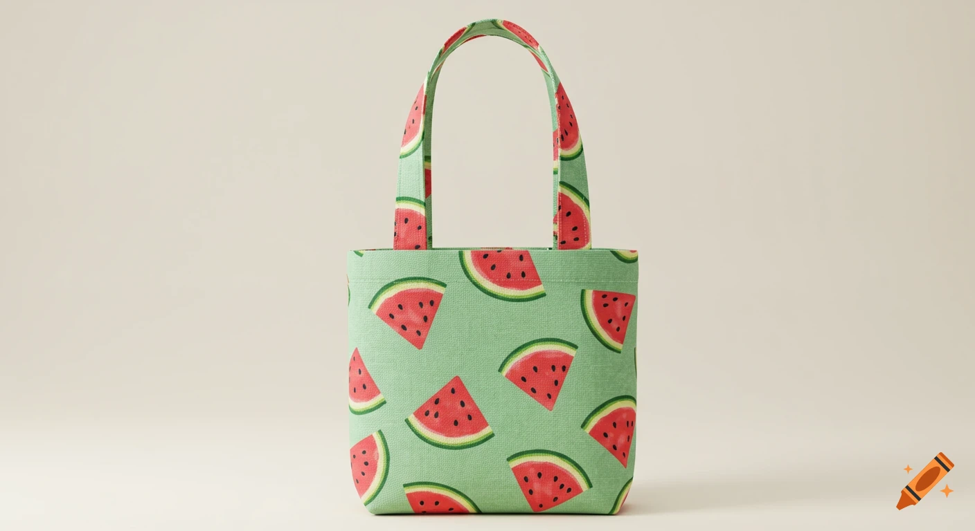 A light green tote bag stands upright, covered in a repeating pattern of red watermelon slices with green rinds and black seeds.