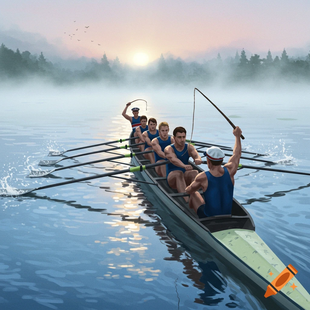 An illustration of a rowing crew in a boat on a misty lake, with the coxswain holding a whip, at sunrise.