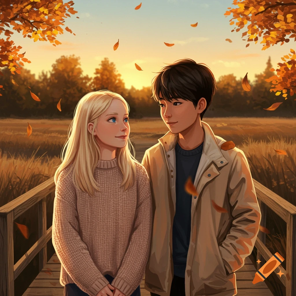 An illustrated blonde girl and a dark-haired boy look at each other on a wooden bridge amidst falling autumn leaves and a sunset.